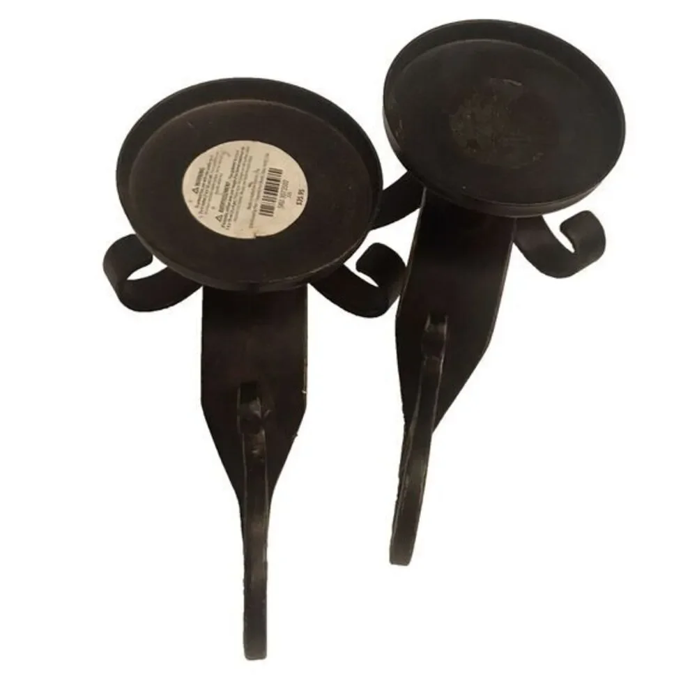 PIER 1 RUSTIC SCROLL PILLAR‎ CANDLE HOLDERS HEAVY DUTY METAL SET OF TWO